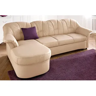 Ecksofa DOMO COLLECTION "FLORES Schlafsofa, 233x142x86 cm, L-Form", beige (creme), B:231cm H:84cm T:142cm, Kunstleder SOFTLUX / Struktur ( 90% Polyester, 10% Polyacryl );NaturLEDER (echtes Rindsleder) in Sitz und Rücken. Korpus in passendem Kunstleder SOFTLUX bezogen;Microfaser PRIMABELLE (100% Polyester) / Struktur ( 100% Polyester ), Sofas, Ecksofa, wahlweise mit Bettfunktion, wahlweise mit Federkern, auch in Leder