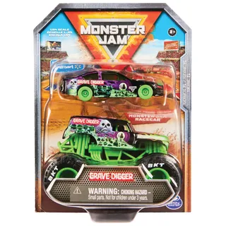 Monster Jam, Truck und Rennauto in einem Set, Maßstab 1:64, robustes, detailreiches Design für krasse Stunts, ab 3 Jahren, Sortierung mit Max-D, Grave Digger und Earthshaker, Zufallsauswahl