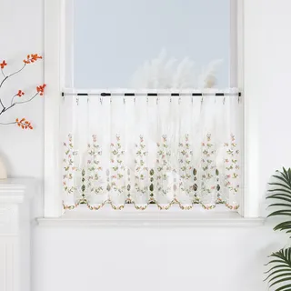 Yujiao Mao Scheibengardine Küche Vorhang Bistrogardine Mit Besticke Bunt Blumen Küchengardinen Landhaus Fenster Tür Transparent Weiß HxB 30x150cm 1 Stück