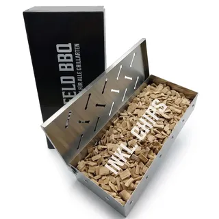Bergfeld BBQ – Räucherbox inkl. Räucherchips für alle Grillarten – Smokerbox aus robustem Edelstahl zum Grillen – BBQ-Aroma für Fleisch, Fisch & Gemüse (Größe: 22 x 9,5 x 4 cm)