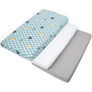 Medi Partners Spannbettlaken 60x120 3-Pack Baby Bettlaken Kinderbett Spannbetttuch 100% Baumwolle - Fitted Kinder Sheet Bettwäsche Babymatratze Schlafsack Babybett (Wald-Weiß-Graue)