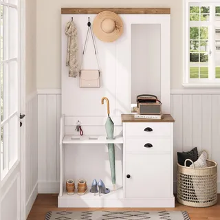 MODFU Garderobenständer mit Spiegel und Haken,110,5 x 191 x 38 cm,Kleiderschrank mit 2 Schubladen und Schirmständer,Flurgarderobe mit Schuhablage,Weiß - Weiß
