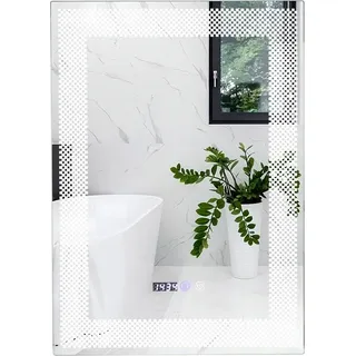 COSTWAY Wandspiegel mit LED-Beleuchtung, beschlagfreier HD-Kosmetikspiegel mit 3-farbig einstellbaren Lichtern, Speicherfunktion, Zeit- & Temperaturanzeige, Bruchsicherer Badezimmerspiegel, 70 x 50 cm - Silber