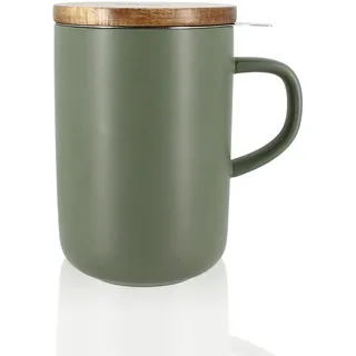 OGO LIVING Juliet 7912013 Kräuterteebecher 475 ml - ideal für Tee und Kräutertee - Teetasse aus Steinzeug und Deckel aus Akazienholz - Mandelgrün