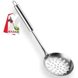 KADAX Schaumlöffel aus Edelstahl, Schaumkelle für Kochen, Abseihlöffel mit ovalem Griff, Aufhängeöse, Küchenhelfer, Schöpflöffel, Schöpfkelle für Küche, Nudeln, flach, Silber