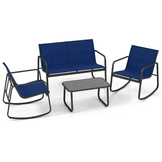 Costway 4-tlg. Gartenmöbel Set, Terrassenmöbel mit sanfter Schaukelbewegung, 2 Stühlen, Bank & Tisch, Sitzgruppe für 4 Personen, Gartengarnitur... - Blau/Schwarz