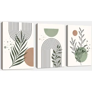 3 Pcs Boho Pflanze Leinwandbilder Bilder Set mit Rahmen, Ästhetik Grün Botanisch Geometrisch Wandbilder Schlafzimmer Bild Auf Leinwand Kunstdruck Deko für Wohnzimmer fertig zum Aufhängen 40x60cmx3
