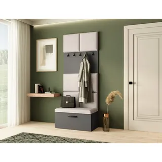 Garderobe MARGARET I , Farbe: Graphit+ Hellbeige , mit gepolsterten Paneelen und Kleiderhaken - Grau, Beige