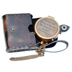 india.nautical.store Messing-Kompass mit Gravur "Grow Old with Me" an Kette mit Lederetui, magnetischer Kompass in Richtung,