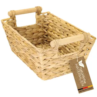 HMF Aufbewahrungskorb Badezimmer Korb geflochten aus Wasserhyazinthe mit Holzgriffen 30 x 20 x 12 cm beige/braun