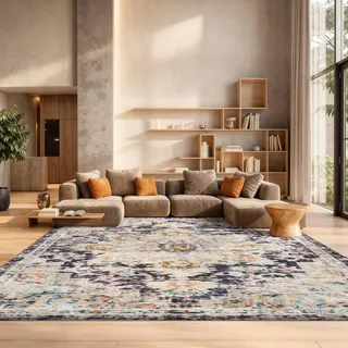 SAFAVIEH Boho Teppich für Wohnzimmer, Esszimmer, Schlafzimmer - Madison Collection, Kurzer Flor, Schwarz und Gold, 244 X 305 cm