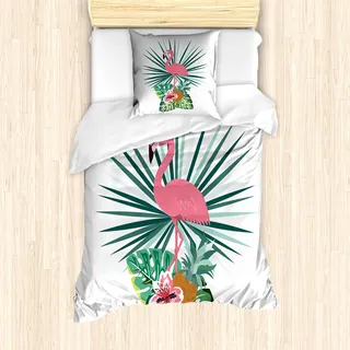 ABAKUHAUS Exotisch Bettbezug Set für Einzelbetten, Ananas Flamingo Botanik, Milbensicher Allergiker geeignet mit Kissenbezug, 135 cm x 200 cm - 80 x 80 cm, Mehrfarbig