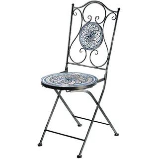 Kobolo Gartenstuhl - Mosaikoptik weiß-blau Outdoor - H 92 cm Klappstuhl Metallstuhl Stühle Balkonmöbel Gartenmöbel Bistrostühle Stapelstuhl Stuhl Deko - Schwarz