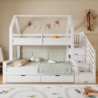 okwish Etagenbett Holzbett 90x200cm & 140x200cm, Kinderbett, Drei-Schläfer mit Schubladen und einem Regal, mit Fallschutzgitter, Weiß- Ohne Matratze - Weiß