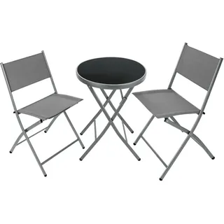 tectake Bistro-Set Düsseldorf, Tisch mit Sicherheitsglasplatte, grau , Grau , Kunststoff , Gartenmöbel, Gartengarnituren, Gartenmöbel-Sets