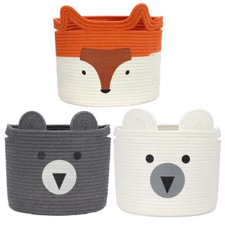Goodheim Kinder Aufbewahrungskorb 3er-Set für Kallax Regal, Spielzeugkorb, Kinderzimmer, Aufbewahrung Kinderspielzeug Korb 30x30, Wäschekorb Kinder Bär Fuchs Weiß Grau