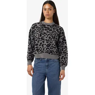 Strickpullover NOISY MAY "NMCHARLOTT L/S O-NECK KNIT FWD NOOS", Damen, Gr. XS, schwarz pattern:charcoal gray leo, Strick, Obermaterial: 52% Viskose, 28% Polyester, 20% Nylon, gemustert, taillenbedeckt, Rundhals, Pullover Strickpullover