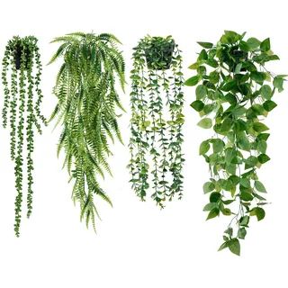 Sggvecsy Künstliche Hängepflanzen, 4 Stück, künstliche Hängepflanzen, künstliche Eukalyptus-Ranken, Perlenschnur, Boston, Farn, Efeu, Blätter für Zuhause, Wand, Gartendekoration