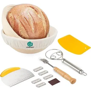 Bäckereiausrüstung für den Alltagsgebrauch, 2-teiliges Kit, 23 cm, runde Teigmischbüchse, n mit Baumwollabdeckung, Schneidebrett, Backmesser mit 5 Scheibenmessern, Teigabzieher aus TPE und Edelstahl. - Weiß