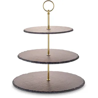 Echtwerk EW-ET-1782G Etagere-/ Servier-Ablage für Gebäck, Obst, Käse und Dessert aus Naturschiefer mit 3 Ebenen und Metallgriff, Gold-Edition, Ø Schieferplatten ca. 20/25/ 30 cm, Steingut