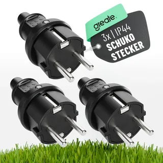 greate 3x Schuko Stecker Aussenbereich mit Knickschutz - Schukostecker Gummi mit Zugentlastung, 2-polig, 230V, 16A & 3,7kW - IP44 Schukostecker Außenbereich schwarz - Schutzkontakt Stecker 230V