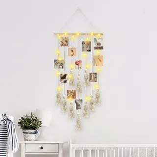 IHONYI Boho Deko - Makramee Wandbehang Foto Hängendes,Wanddeko Chic Gewebte Tapisserie,Fotowand für Schlafzimmer/Wohnzimmer,Fotoleine Girlande Boho mit 30 Holzklammern,108cm (L) x 42cm (W)