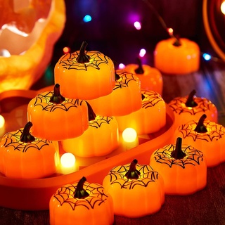 IMAGE 12 Stück Halloween Teelichter LED Kürbis Kerzen mit spinnennetz flackernde mini Orange Pumpkin Kerzen Party Außen Halloweendeko