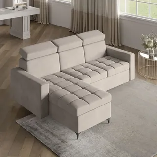 masseno Ecksofa KAME mit Schlaffunktion L-Form, Sofa mit Bettkasten, Wohnzimmersofa, Couch, Soffa, Bettsofa, Couchgarnitur- Beige, PAROS 02 - Beige
