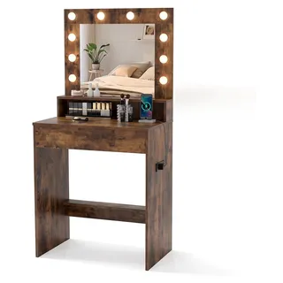 COSTWAY Schminktisch mit LED, Frisiertisch mit Ladestation, Spiegel, Schublade & offenem Fach, Kosmetiktisch Helligkeit einstellbar, 66x40x136cm Braun - Braun