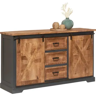 Mid.you Sideboard , Grau, Naturfarben, Schwarz , Metall , Mangoholz,Mangoholz , Sperrholz, massiv, Sperrholz,Sperrholz, massiv, Sperrholz , 2 Fächer , 3 Schubladen , 150x85x45 cm , handgemacht , Holzmöbel, Kommoden Holz, Sideboards Holz