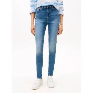 Tommy Hilfiger Skinny-fit-Jeans TOMMY JEANS "NORA MID RISE", Damen, Gr. 31, Länge 28, blau (denim medium), Denim/Jeans, Obermaterial: 92% Baumwolle, 6% Elastomultiester, 2% Elasthan, unifarben, skinny fit lang, Jeans Skinny-fit-Jeans, mit Waschung, Logo-Badge