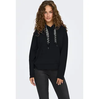 Kapuzensweatshirt ONLY "ONLFANCY L/S HOOD STRING SWT", Damen, Gr. S, schwarz (schwarz detail:pearl strings), Sweatware, Obermaterial: 60% Polyester, 40% Viskose, unifarben, regular fit, Sweatshirts Kapuzensweatshirt