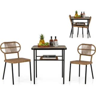 COSTWAY 3-TLG. Gartenmöbel Set, Balkonmöbel mit 2 Rattanstühle & Esstisch, Rattan Terrassenmöbel Platzsparend, Sitzgruppe Outdoor - Naturbelassen, Schwarz