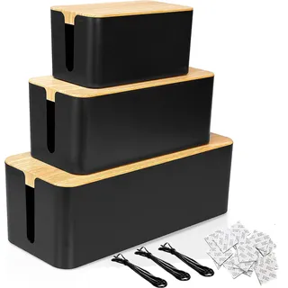 SENENQU 3er-Set Kabelbox Schwarz, Große Kabel Organizer Box mit Holzdeckel für Kabel, Große und Kleine Kabelmanagement Box Adapter, Steckerleisten, Kabel Verstecken Box