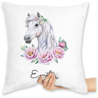 Kissen 40x40 Zierkissen - Pferde - Pferdekopf Motiv mit Name personalisiert I Pferdemotiv I Pferd Name - 40 x 40 cm - Weiß - pferdekissen Reiter pferdemädchen Cushion mädchen pferdeliebhaber