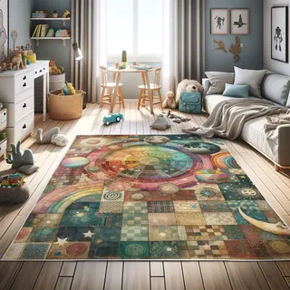 ABAKUHAUS Planeten Dekorativer Teppich, Patchwork-Look Weltraum, Hochwertiger Flächenteppich für Schlafzimmer und Wohnzimmer, 157x229 cm, Mehrfarbig Brau