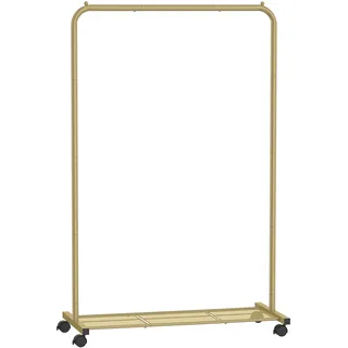 SONGMICS Kleiderständer, Kleiderstange auf Rollen, Garderobenständer Metall, Rollgarderobe 91 cm breit, mit Ablage, 2 Rollen mit Bremse, Stange bis 40 kg belastbar, goldfarben HSR025A01