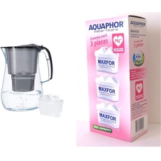 AQUAPHOR B218 Wasserfilter Onyx schwarz inkl. 1 MAXFOR+ Filterkartusche - Premium-Wasserfilter in Glasoptik, 4,2 l & MAXFOR (B25) Mg Pack 3 Filterkartusche, weiß, 200 l