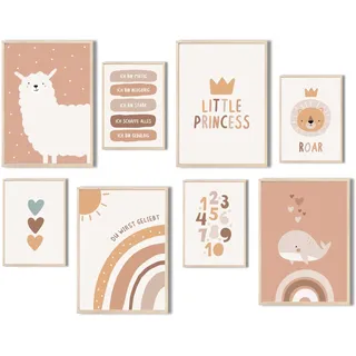 MeinBaby123® Poster Kinderzimmer | 8er Set DIN A4 & DIN A5 Poster Set | Wandbilder | Deko Bilder Kinderzimmer | Boho | Babyzimmer Deko | Wandposter Premium (Alpaka & Freunde 8er Set)