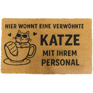 Relaxdays Fußmatte Kokos 60x40, Türvorleger verwöhnte Katze, rutschfest, wetterfest, Fußabstreifer innen & außen, Natur