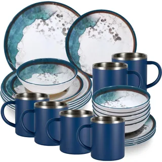 Melamin Geschirr Set Lagune mit Edelstahl Thermo Tassen Camping Garten