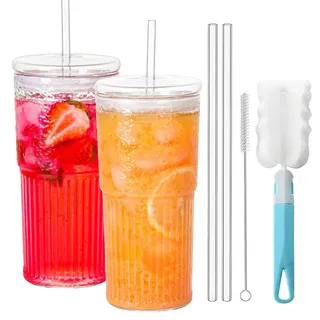 DAZZTIME 2 Stück Transparente Gestreifte Glas-Wasserbecher mit Deckel und Strohhalm,Geriffelte Gläser,Longdrinkglas Set,Glasbecher Trinkglas,Bubble Tea Becher,Eiskaffee Gläser,Saftglas(570ml)