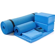 BalanceFrom GoYoga 7-teiliges Set – inklusive Yogamatte mit Tragegurt, 2 Yoga-Blöcken, Yogamatten-Handtuch, Yoga-Gurt und Yoga-Knieschoner (blau, 1,27 cm dicke Matte)