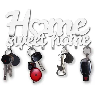 SirHoldeer Schlüsselbrett Modern, Home Sweet Home Schlüsselhaken, Schlüsselhalter Wand, Schlüsselaufhänger mit 8 Haken, Schlüsselboard Weiss, Key Holder Wall, Wanddeko Flur, Metall Deko