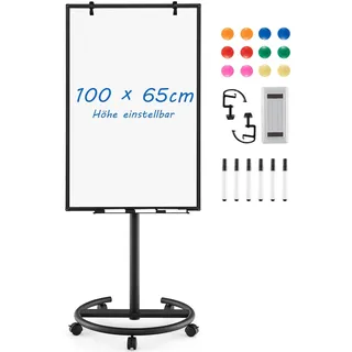 FANTASK mobiles Whiteboard, 100x65cm, Flip Chart auf Rollen, trocken abwischbar, höhenverstellbar bis 192cm, magnetisch, Flipchart Ständer mit Markern, Magneten, rundem Ständer & Radierer