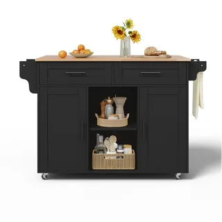 Modfu Kücheninsel aus MDF 145x70x94,5 cm Schwarz mit ausziehbarer Arbeitsplatte, 5 Rollen und verstellbaren Regalfächern , Holzwerkstoff , 145x94.5x70 cm , Küchen, Küchenmöbel, Kücheninseln