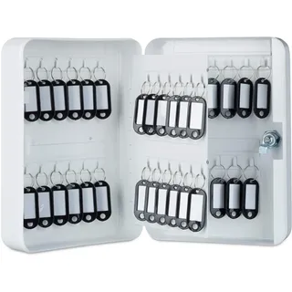 Relaxdays Schlüsselkasten Metall, abschließbar, 48 Haken, Schlüsselschrank inkl. Schlüsselanhänger, 25x18x7,5cm, weiß