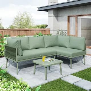 Flieks Gartenlounge Set für 4 Personen, Gartenmöbel Sets mit Seildesign, Terassenmöbel Set aus Eisenrahmen, Balkonmöbel Set L-Förmig mit Kissen, Grün - Grün