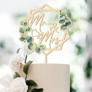 LunarCharm Mr & Mrs Cake Topper Grüner Tortenaufsatz aus Holz Hochzeitstorte Deko Tortenstecker für Jubiläum Verlobung Antrag Party-Kuchendekoration, Quadratform