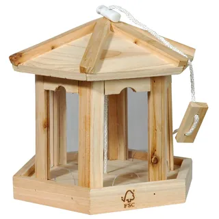 dobar® 6-eckiges kleines Vogelhaus aus Nadelholz, naturfarben wetterfest lackiert mit Acrylglas-Futtersilo und Aufhängung
